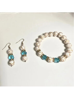 Handmade Bead Earrings & Stretch Bracelet Jewelry Set Blue, White with Gold